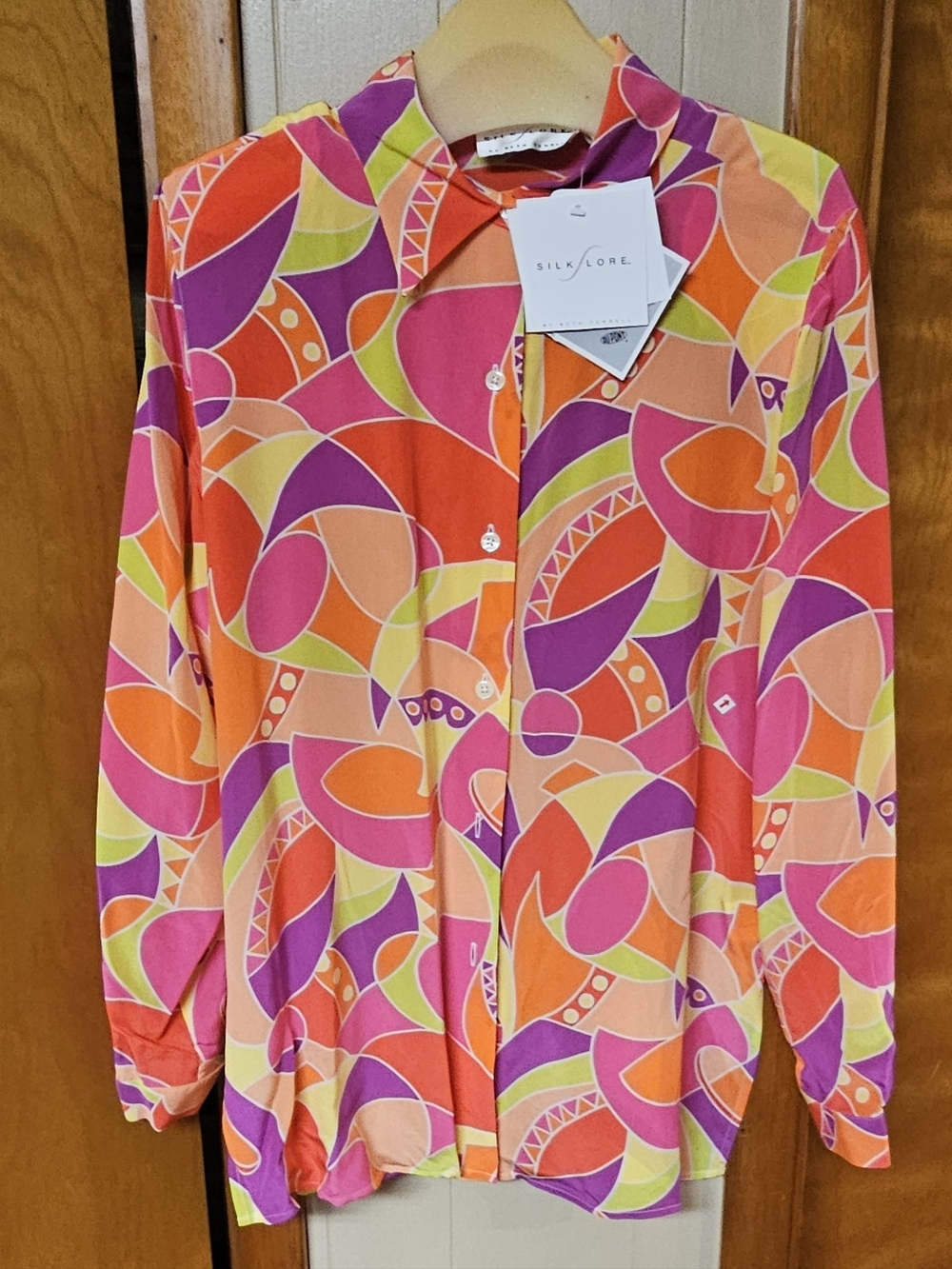 Vintage Women's Silk Lore Abstract Print Button-Up Shirt in Pink/Orange NWT